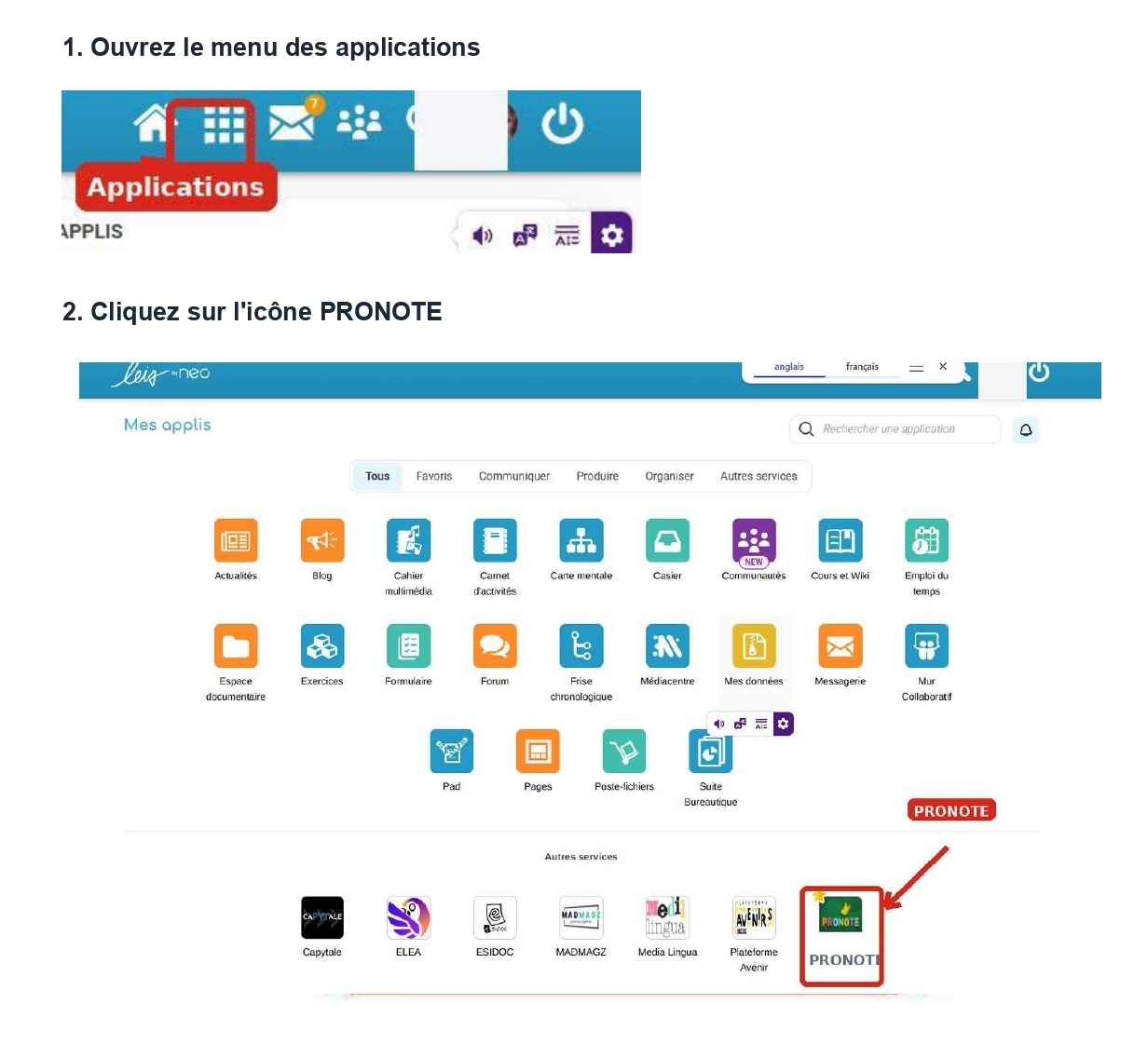Menu des applications NEO avec PRONOTE